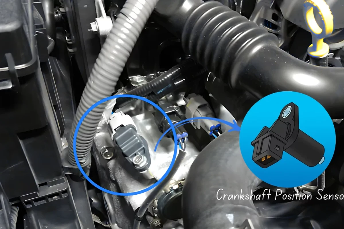 Mechanic inspecting a crankshaft position sensor near an engine block with cleaning tools