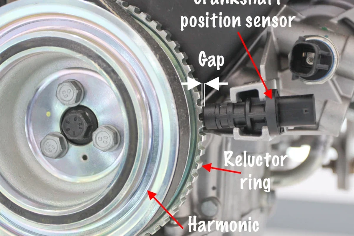 Mechanic-style engine diagnostic scene showing crankshaft sensor and ignition components