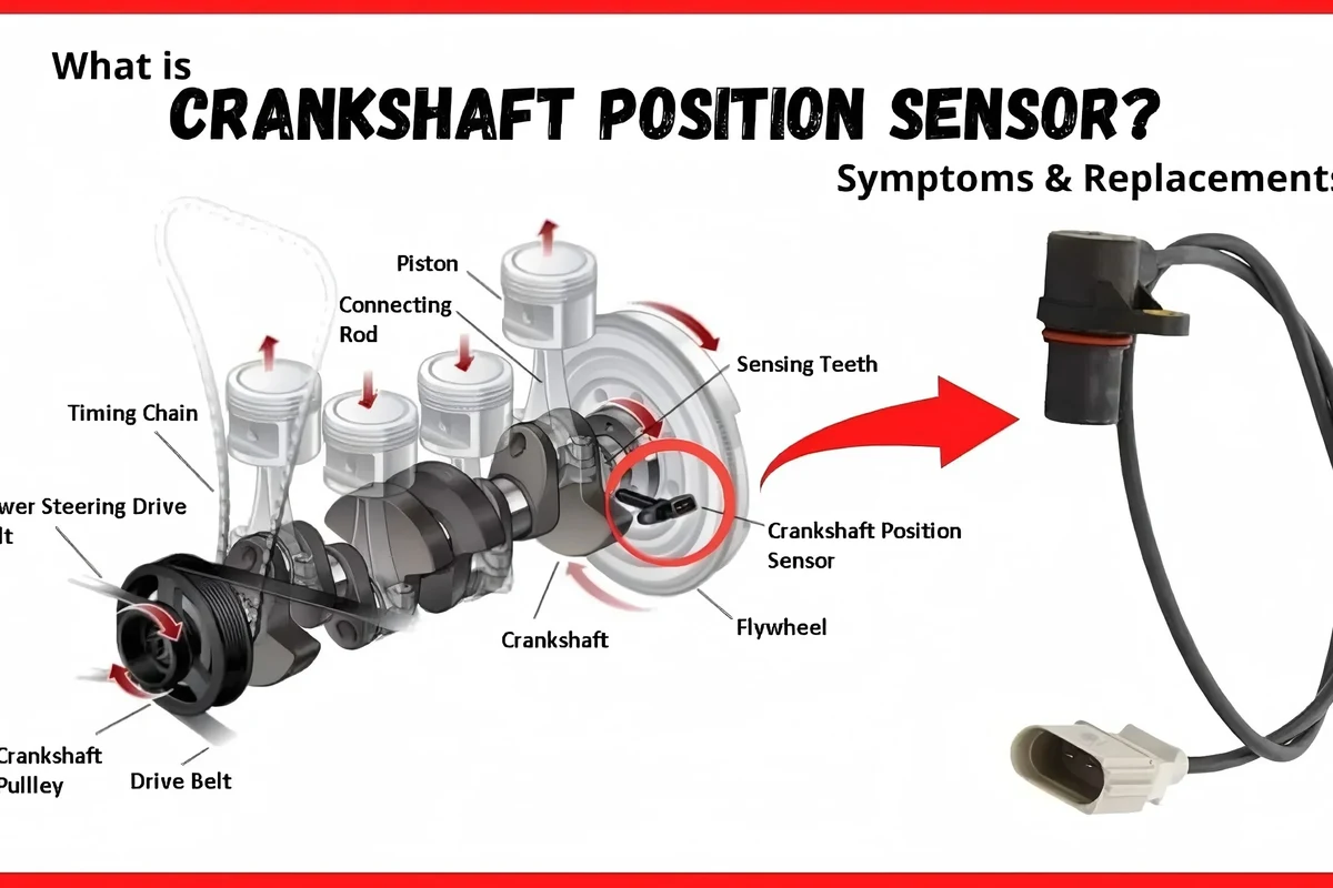 Mechanic-style engine diagnostic scene showing crankshaft sensor and ignition components