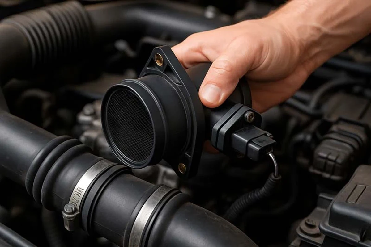 Car engine bay with unplugged mass airflow sensor connector near the intake tube