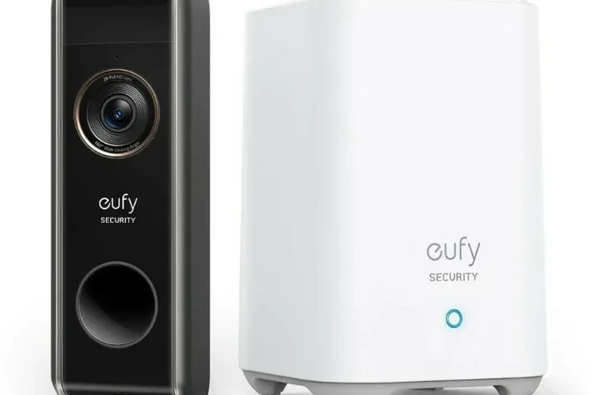 Eufy video doorbell mounted on a home entryway with Apple Home app concept