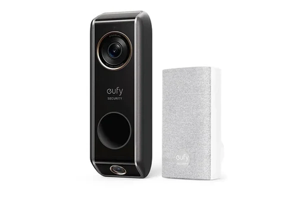 Eufy video doorbell mounted on a home entryway with Apple Home app concept