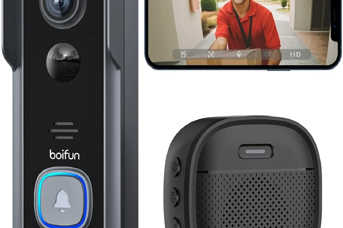 Modern video doorbell mounted beside a front door for home security
