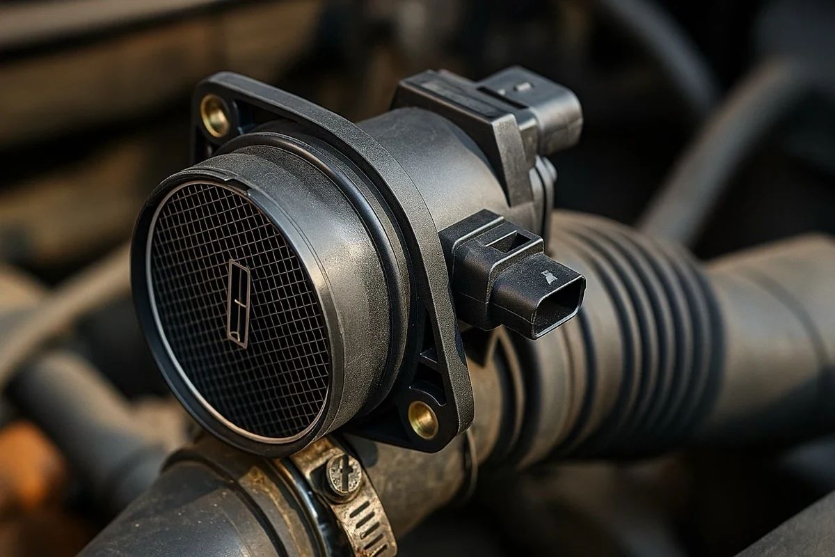Mechanic-style view of an engine air intake and mass air flow sensor on a modern car