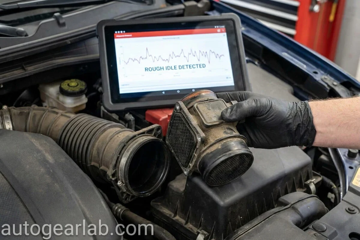 Car engine MAF sensor inspection near the air intake system