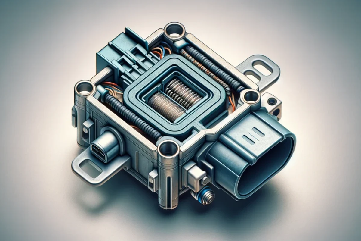 Close-up of a car mass air flow sensor in the intake system with moisture concern