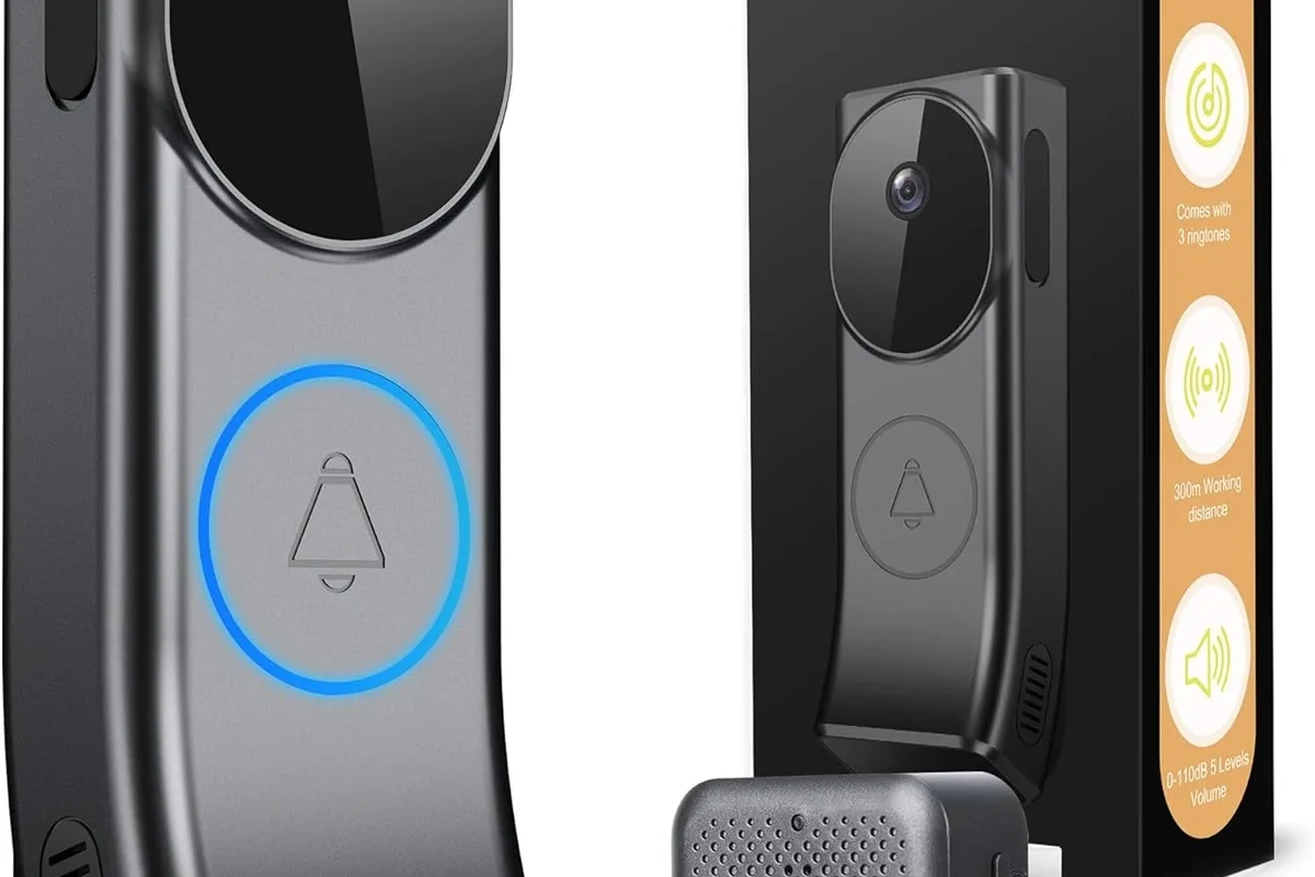 Modern video doorbell mounted beside a front door, highlighting home privacy and security
