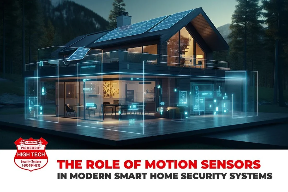 Modern motion sensor mounted indoors near a hallway light and smart home devices