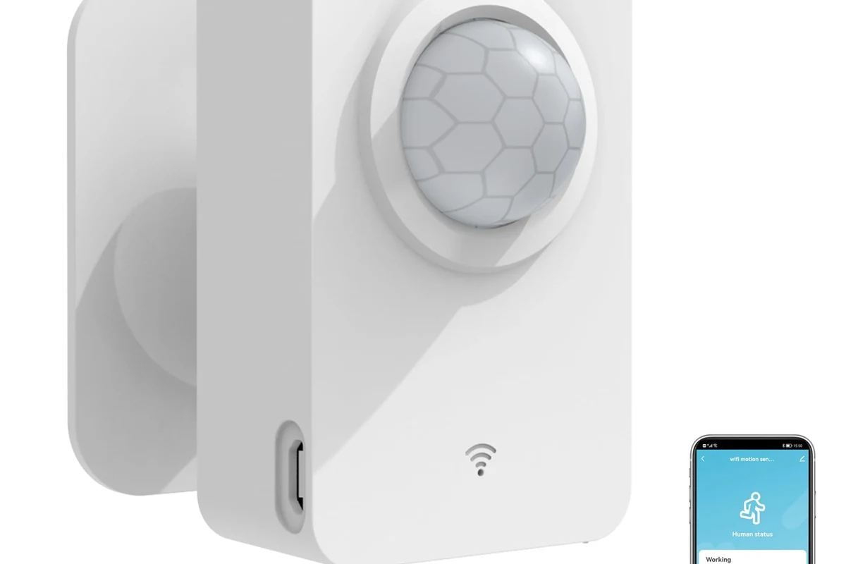 Modern motion sensor mounted in a hallway for smart lighting and home security