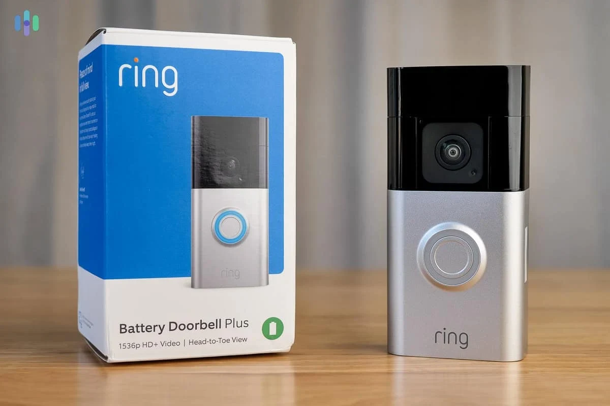 Ring video doorbell mounted at a front door with smartphone app notifications