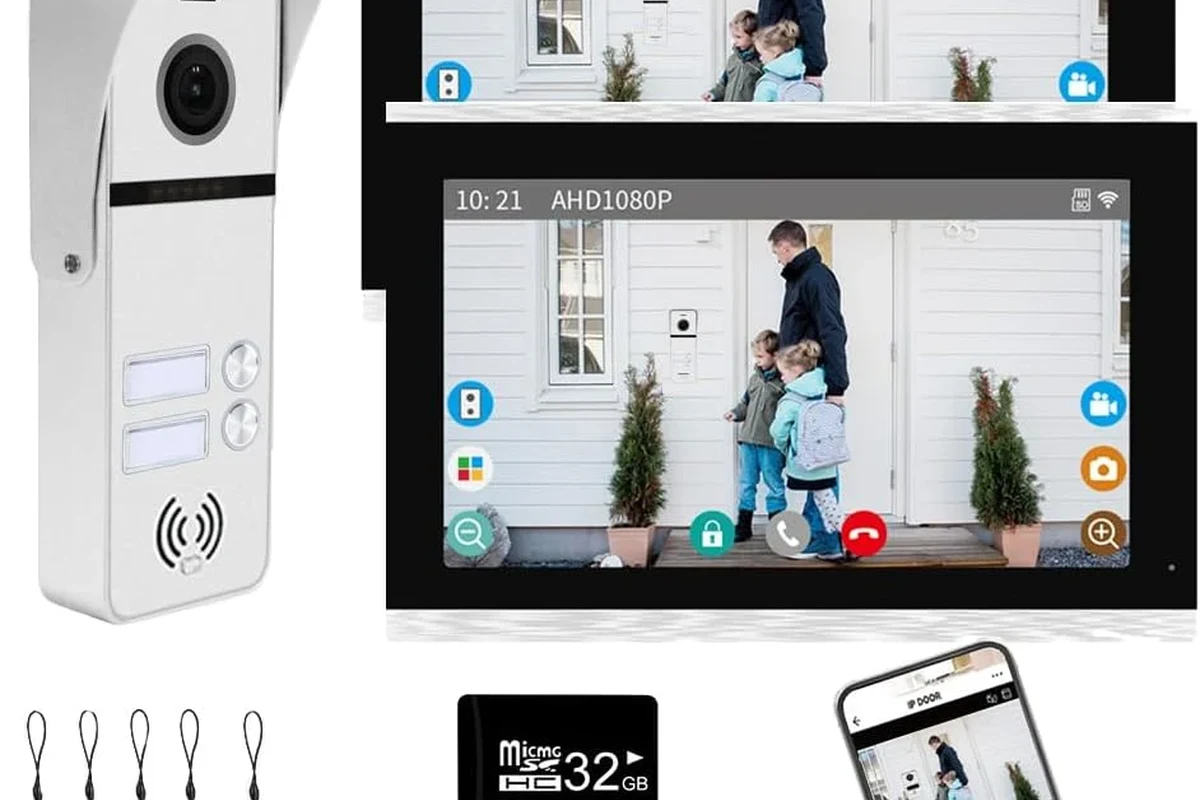 Video doorbell mounted beside a front door with a smartphone showing the camera feed