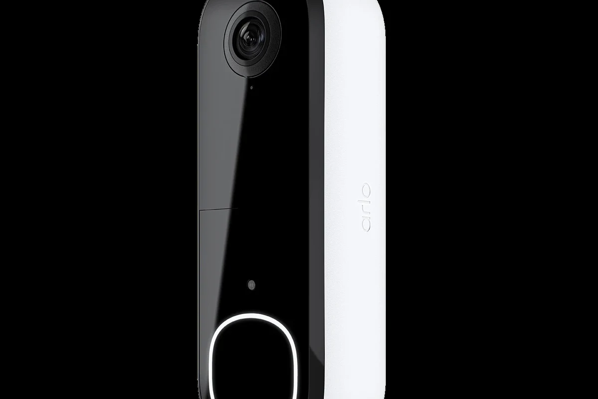 Modern Arlo video doorbell mounted at a home entrance with smartphone app control