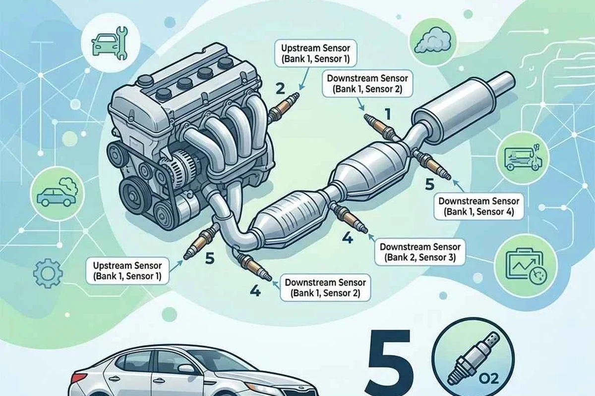 Mechanic inspecting an oxygen sensor on a car exhaust system for fuel economy troubleshooting