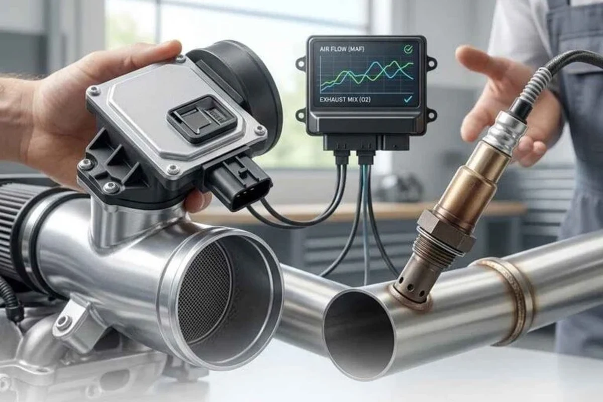 Mechanic-style view of an oxygen sensor and exhaust component on a vehicle engine system
