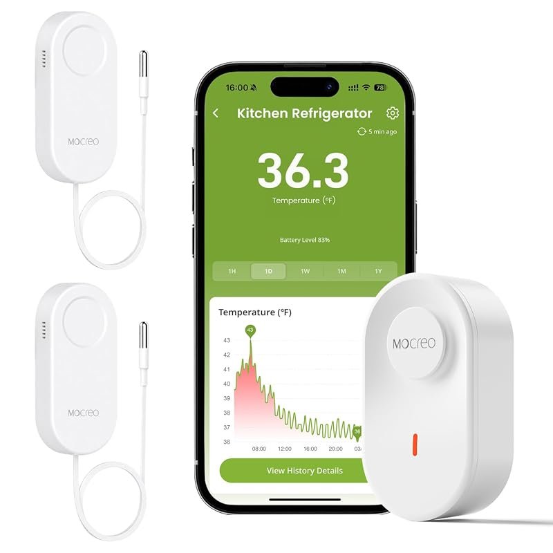 MOCREO WiFi Thermometer Freezer Alarm, App Email Alerts, Data Export, 2 Sensors, No Fee
