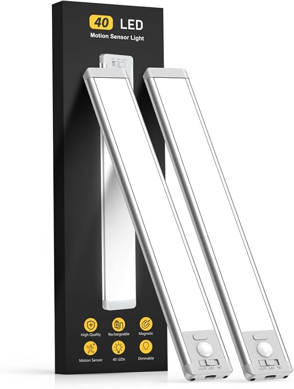 MCGOR 10-Inch Rechargeable Motion Sensor Under Cabinet Lights, 2-Pack Dimmable Magnetic Indoor Lighting