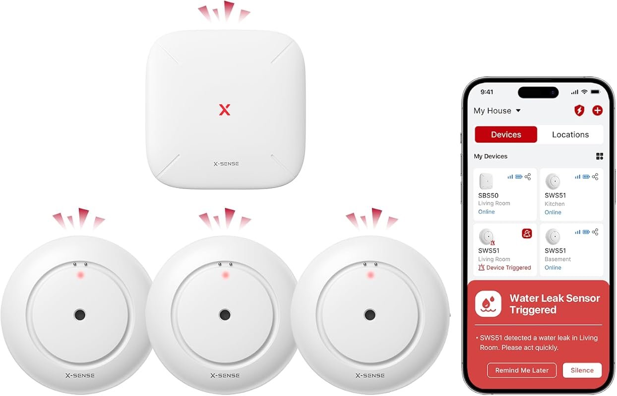 X-Sense SWS54 Wi-Fi water leak detector kit with 3 sensors and base