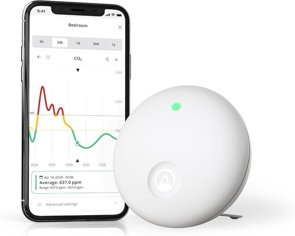 Airthings Wave Enhance indoor air quality monitor with VOC, CO2, humidity, temperature, noise, and light sensors