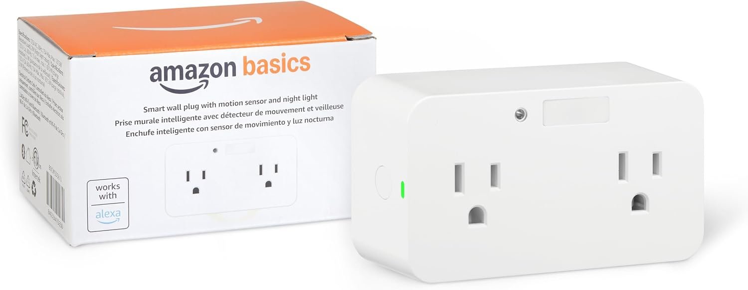 Amazon Basics Dual Smart Plug with Motion Sensor and Night Light, Alexa Control, Wi-Fi, No Hub