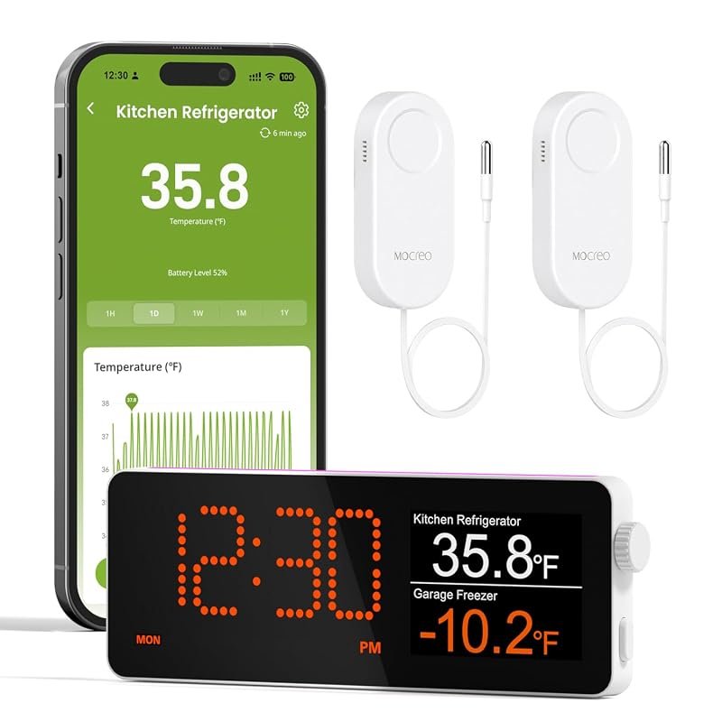 MOCREO WiFi Freezer Thermometer Alarm with App, Email Alerts, 2 Remote Sensors, No Fee