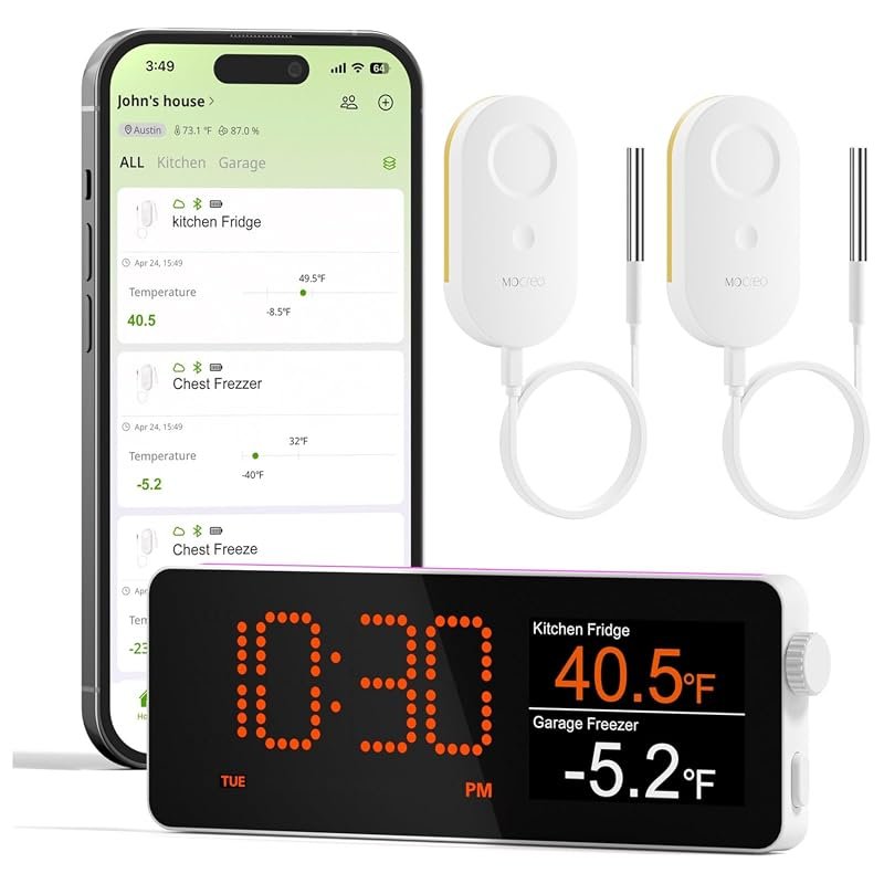 MOCREO WiFi Freezer Thermometer with Alarm, Display, App Email Buzzer Alerts, 2 Sensors