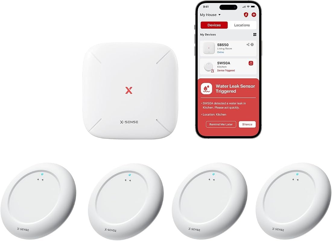 X-Sense ultra-slim Wi-Fi water leak detector with base station and 4 sensors