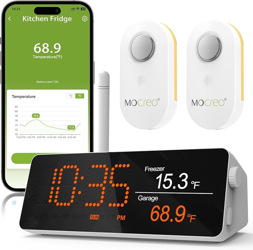 MOCREO WiFi Remote Thermometer Alarm, 1/3 Mile Range, Waterproof, 2 Sensors, App Alerts