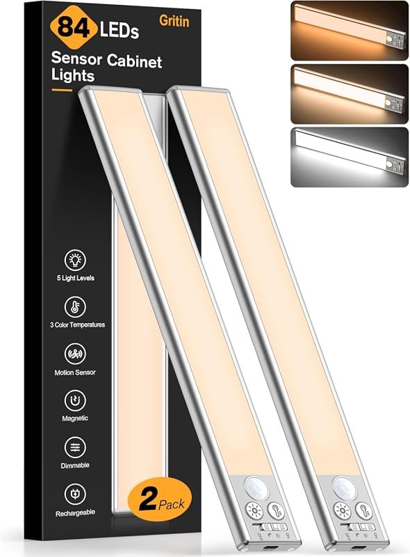 Gritin 10.2-Inch Rechargeable Under Cabinet Lighting, 2-Pack Magnetic Closet Lights