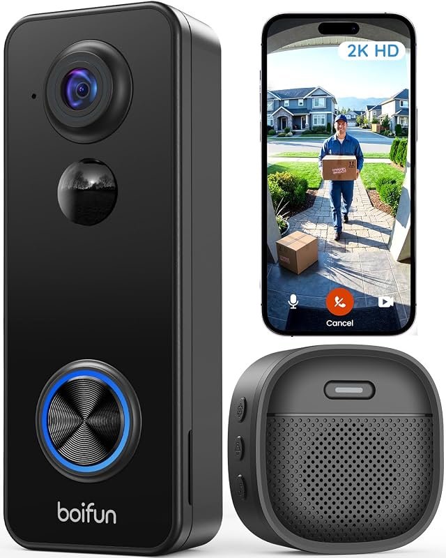 BOIFUN Wireless Video Doorbell Camera 180° Wide View 2K No Subscription