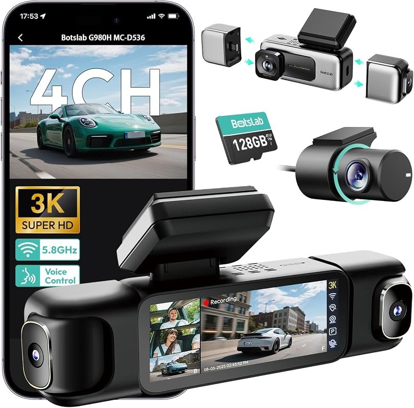 BOTSLAB 4 Channel 360° Dash Cam with 128GB Card, Voice and App Control