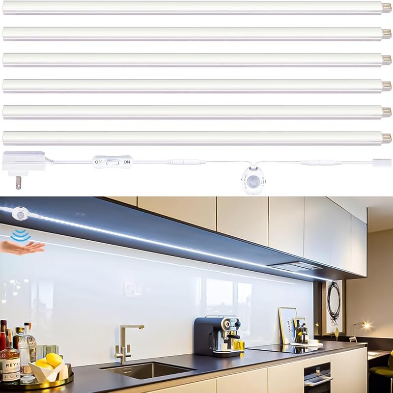 Plug-In Motion Sensor Under Cabinet Lights, 6-Pack 12-Inch Linkable LED Bars, 5000K Daylight