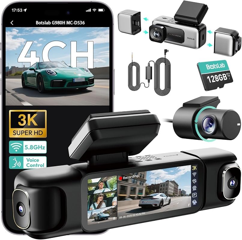 BOTSLAB 4 Channel 360° Dash Cam with Hardwire Kit, 128GB Card, Voice Control