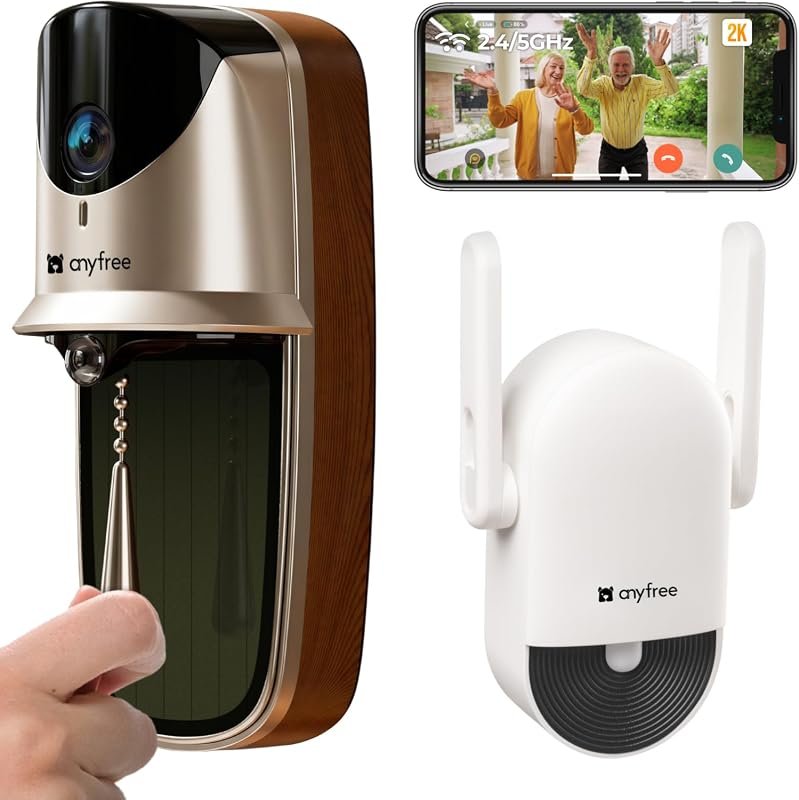 anyfree Solar Wireless Doorbell Camera, 2K HDR, No Subscription, Local/Cloud Storage, AI Motion Detection