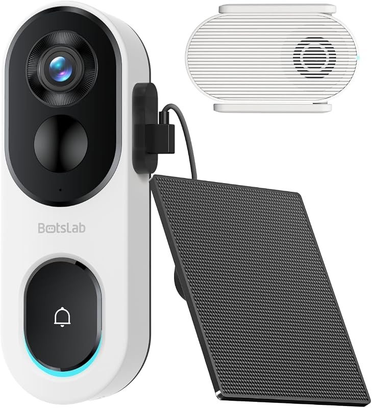 BOTSLAB Solar Powered Wireless Doorbell Camera, 2K Video, Head-to-Toe View, No Subscription