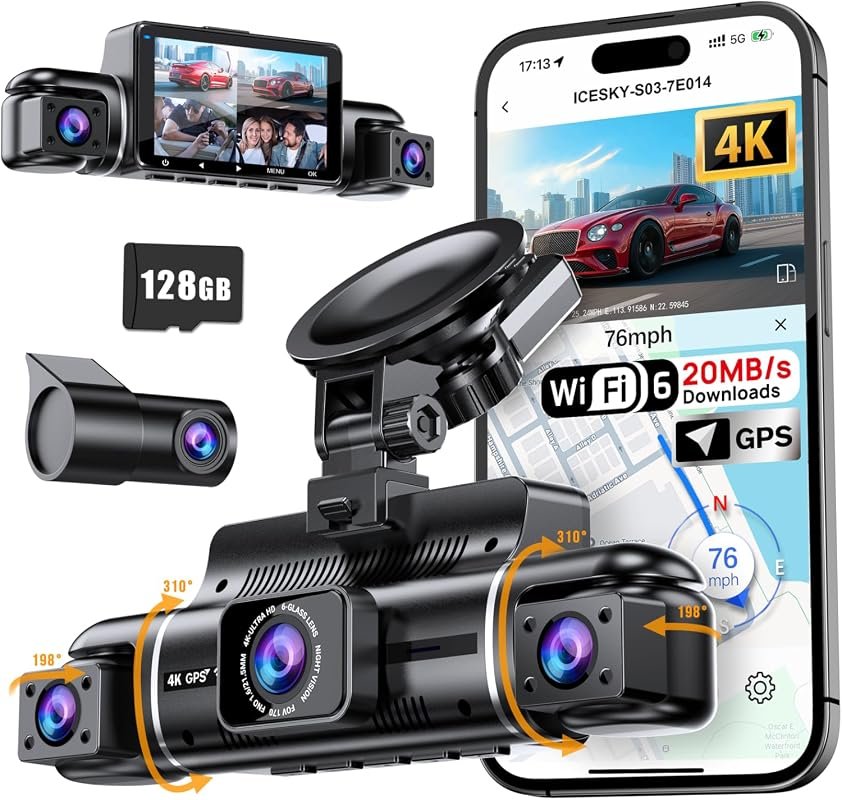 Icesky 4K Dash Cam Front and Rear with GPS, WiFi 6, Left-Right Coverage