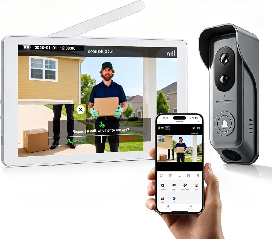 WiFi Dual-Camera Video Doorbell with 8-Inch Touchscreen, PIR Motion Detection, Local Storage