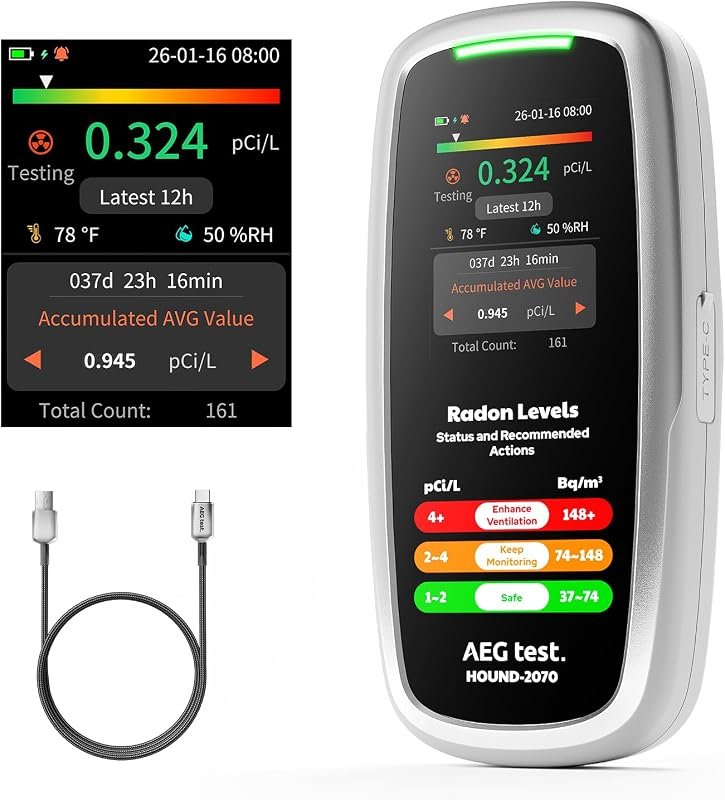 HOUND-2070 home radon detector with temperature humidity and rechargeable battery