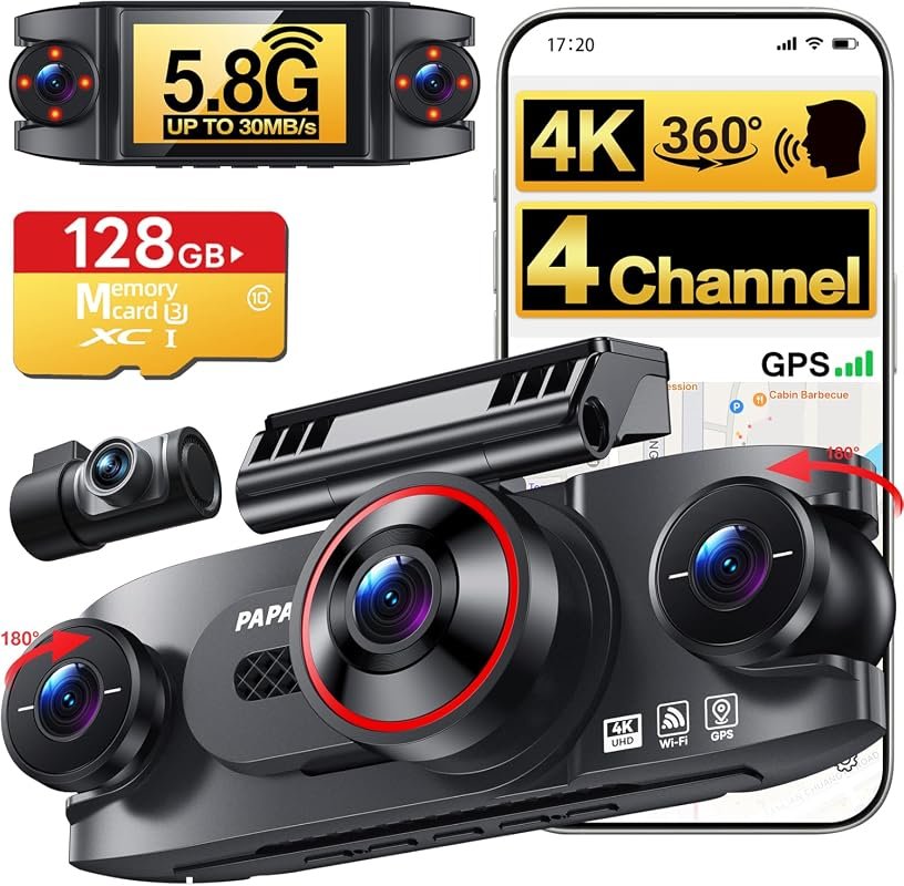4 Channel 360° Dash Cam with 4K Front, 1080P Rear, 5GHz WiFi