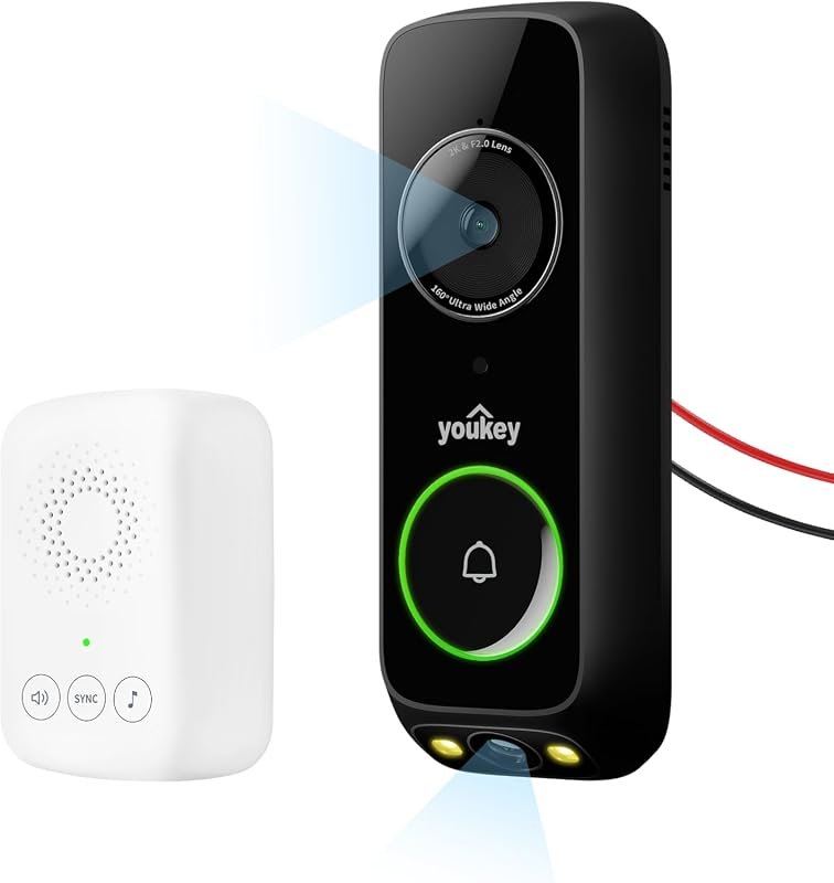 youkey Wired 2K Dual-Cam Doorbell Camera with Chime, Package View, Local Storage