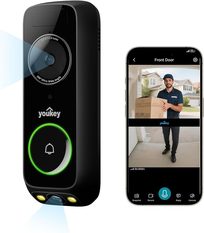 youkey 2K Wireless Doorbell Camera, Head-to-Toe Video, No Subscription