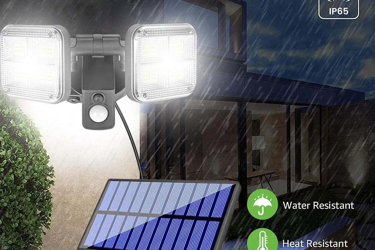 Outdoor motion sensor mounted under a porch overhang during rainy weather