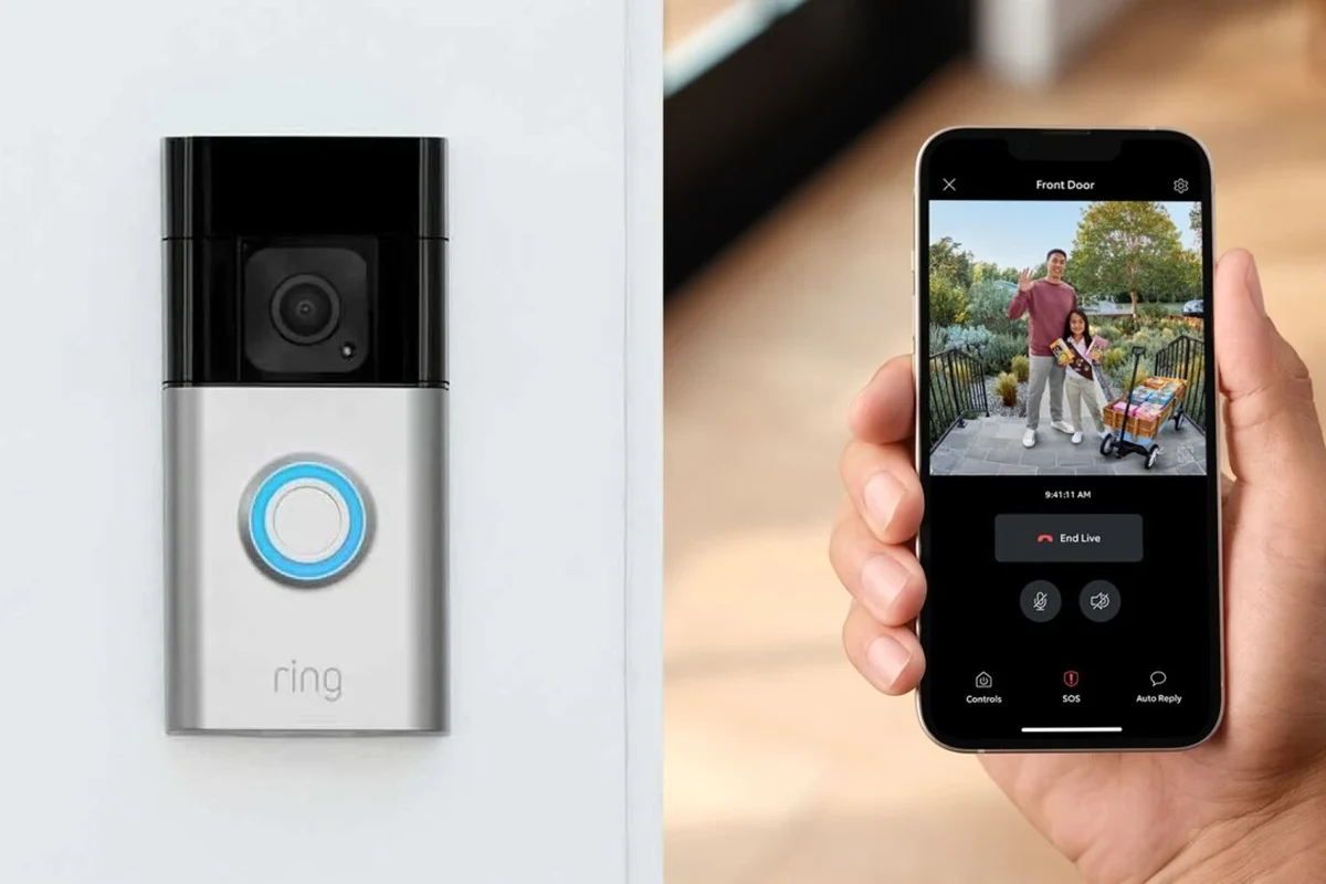 Ring video doorbell mounted at a front door with a smartphone showing live view