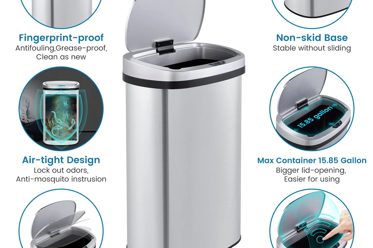 Modern touchless sensor trash can in a clean kitchen beside a cabinet