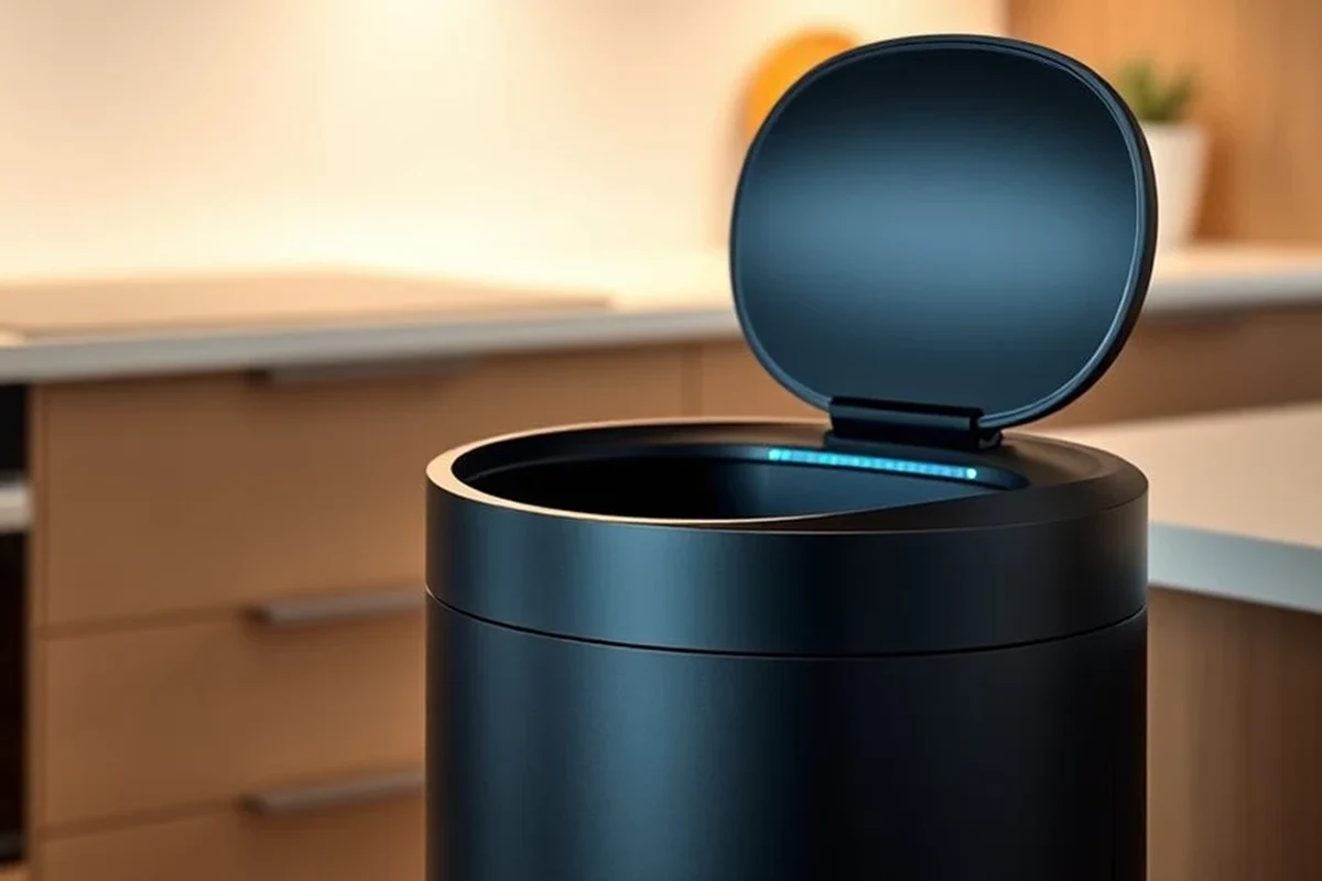 Modern touchless sensor trash can in a clean kitchen beside a cabinet