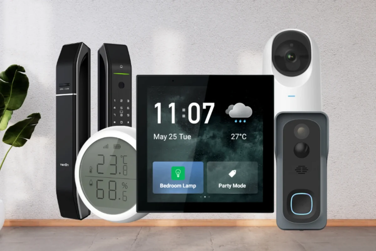 Wyze video doorbell mounted at a front door with an Alexa smart display nearby