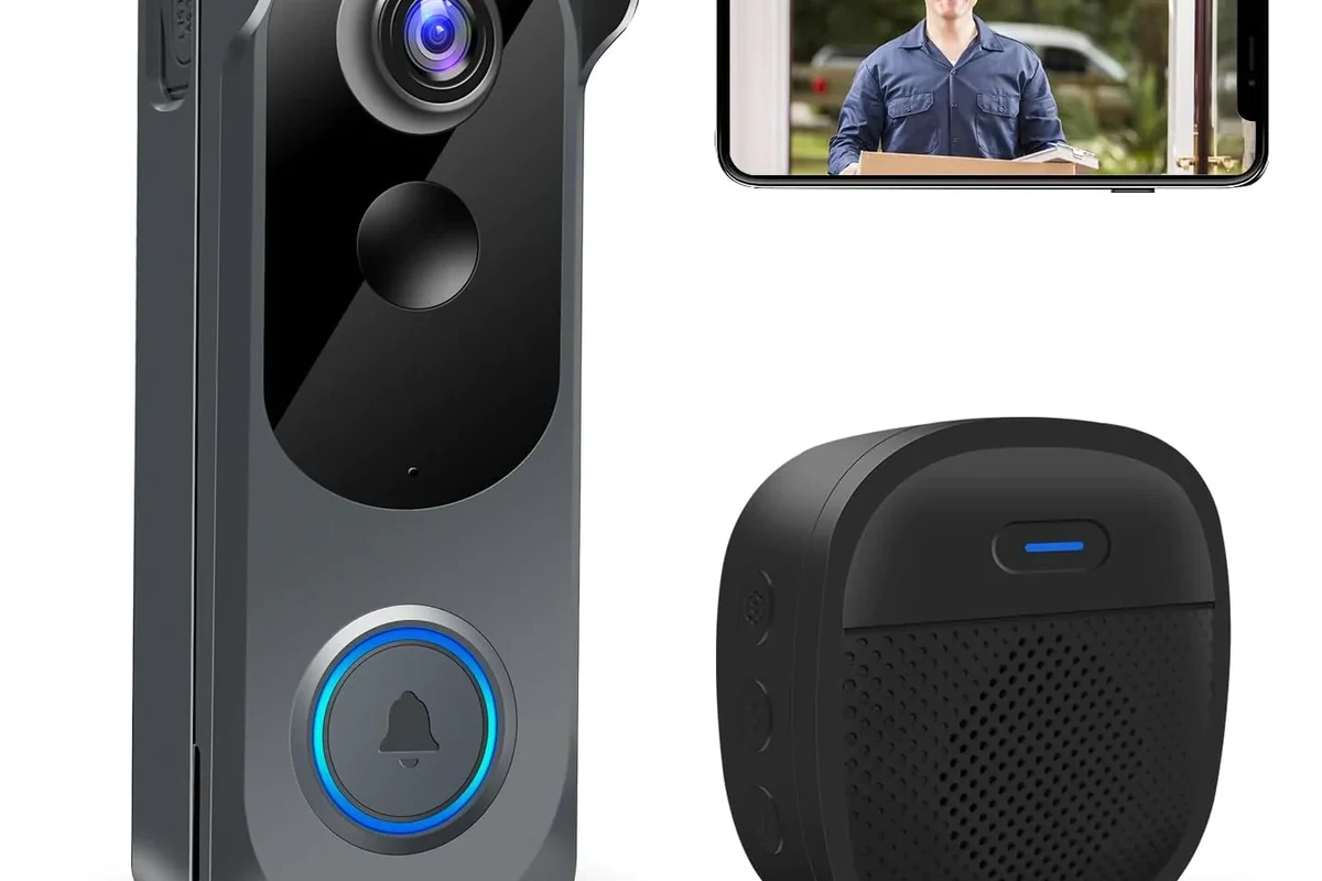 Modern video doorbell on a home entryway with a smartphone showing front-door alerts
