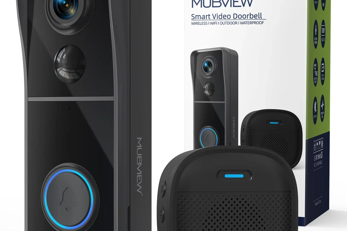 Modern video doorbell mounted beside a front door with a smartphone showing a live camera view