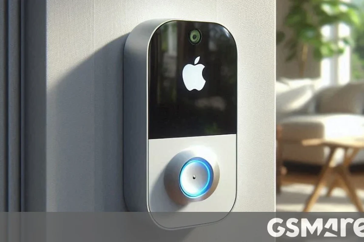 Apple-compatible video doorbell mounted near a front door with a smartphone showing the home app