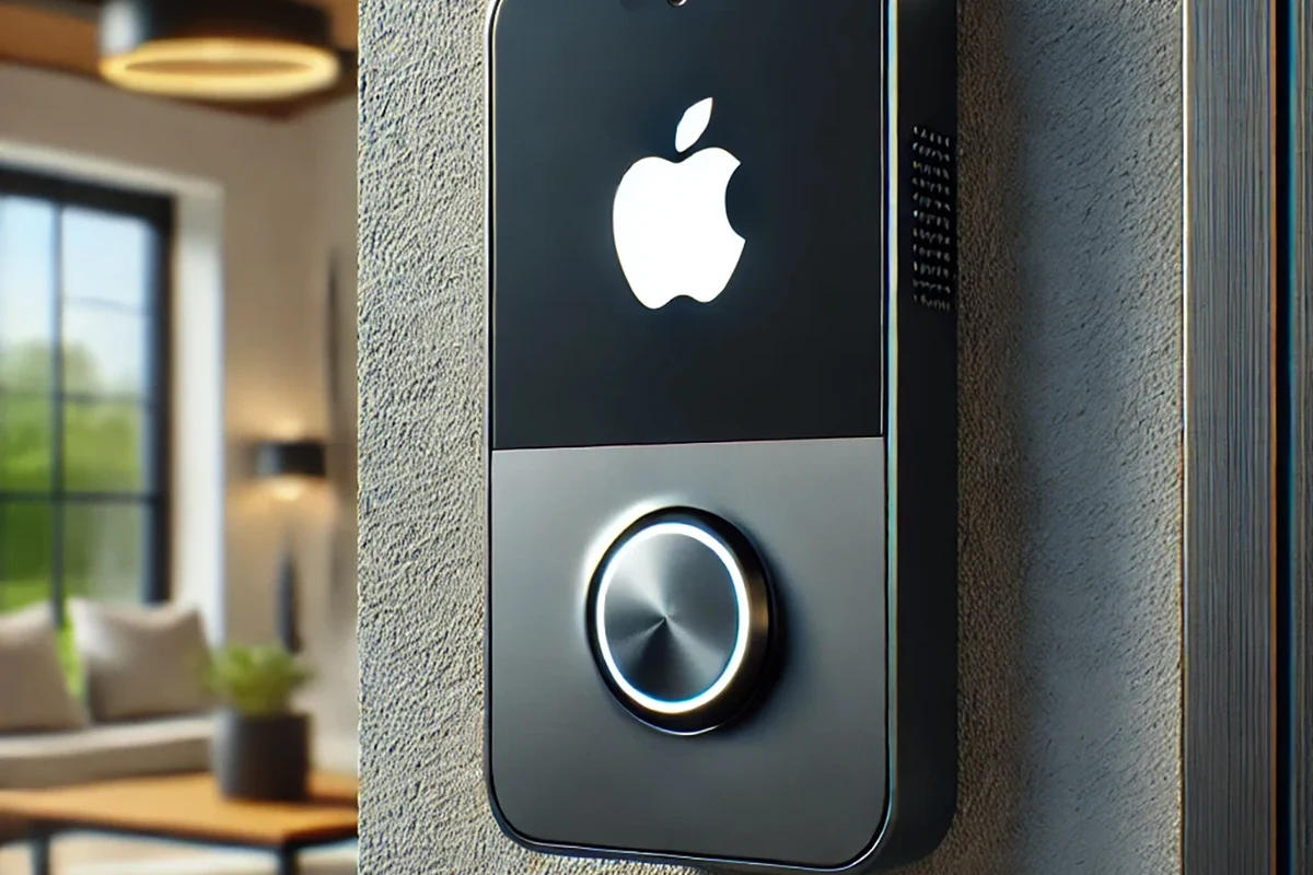 Apple-compatible video doorbell mounted near a front door with a smartphone showing the home app