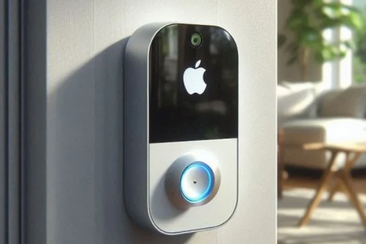 Apple HomeKit compatible video doorbell mounted at a front door with a smartphone nearby